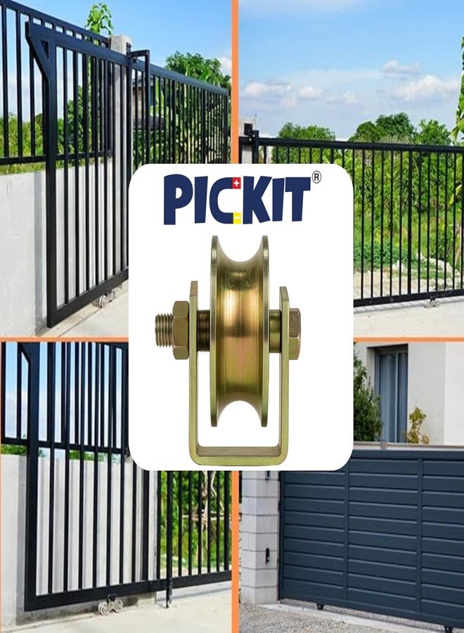 PICKIT Steel Sliding Gate Roller | Heavy Duty Caster Wheel with Bracket | Industrial Bearing Pulley (Golden, V Groove) - Image 4